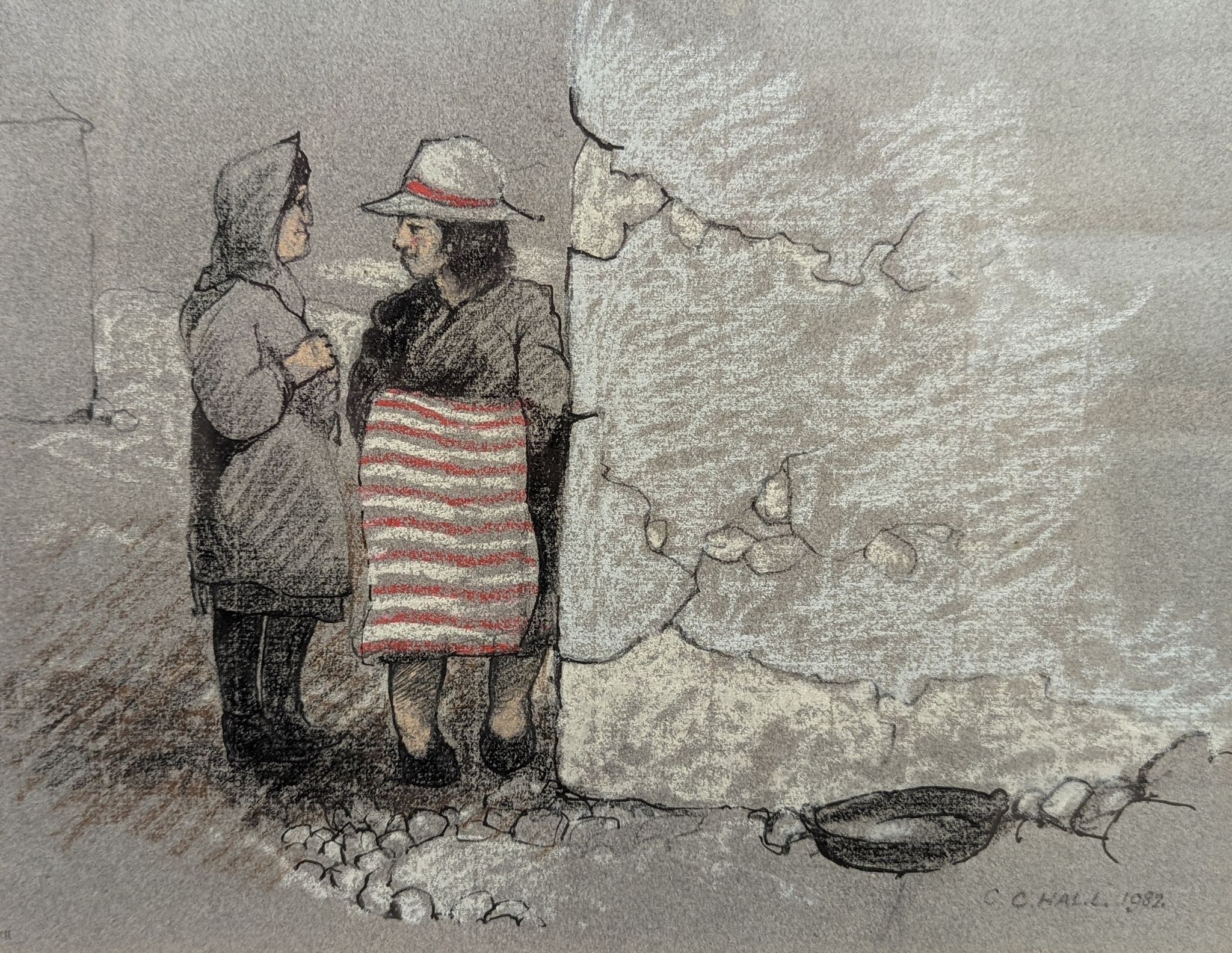 Christopher Hall (1930-), ink and pastel, 'Two Women - Castro Diare Portugal', signed and dated 1982, label verso, 21 x 28cm